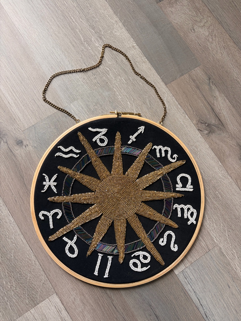 Handmade Gold Sun Zodiac Wall Hoop Embroidered Zodiac Beaded Zodiac Decor